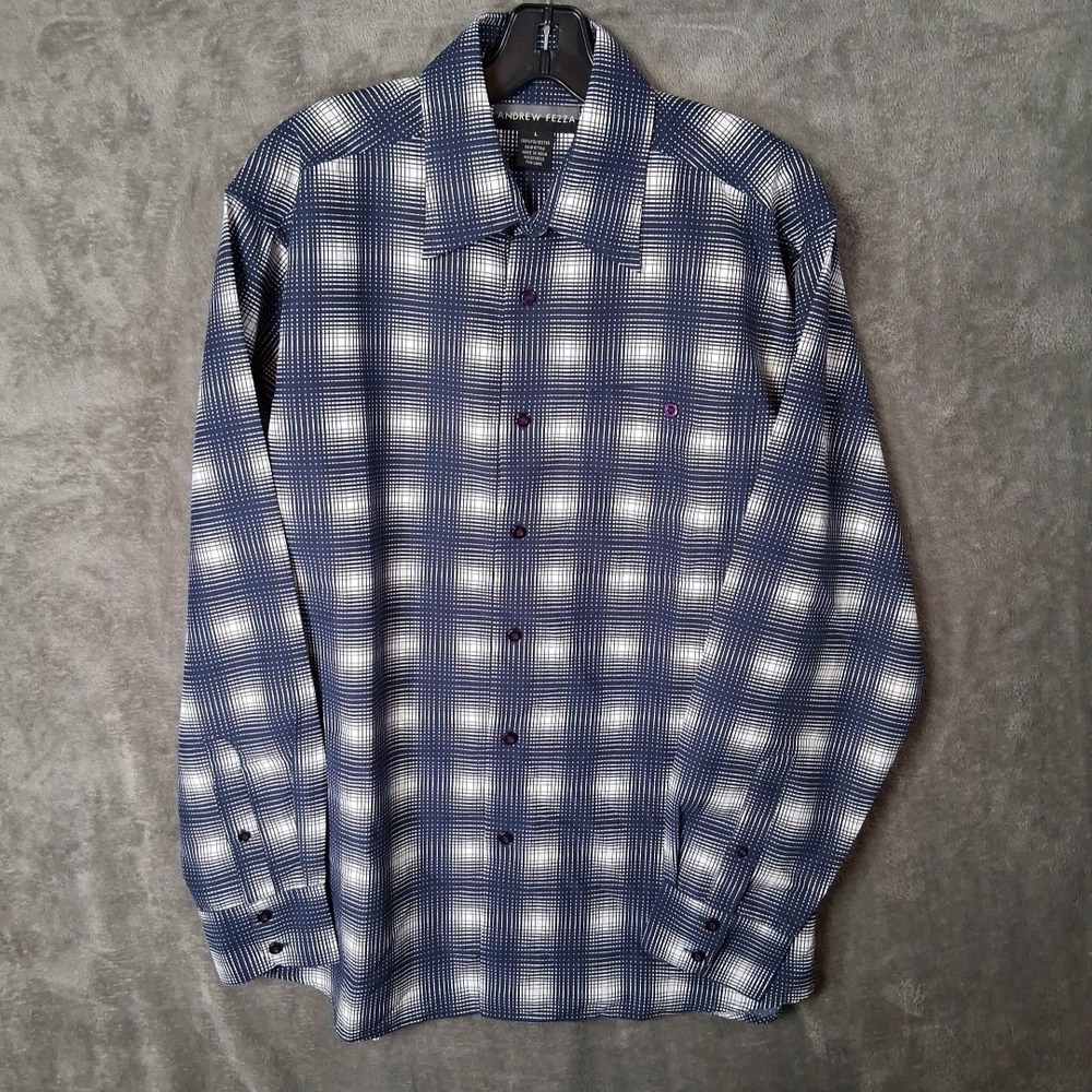 Andrew Fezza Long Sleeve Button Up Shirt Mens Size Large Blue white Polka Dot